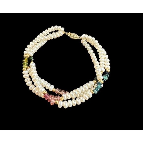 14k Three Strand Freshwater Pearl Multi gemstone Beaded Bracelet 7.5 Inches - Picture 3 of 8